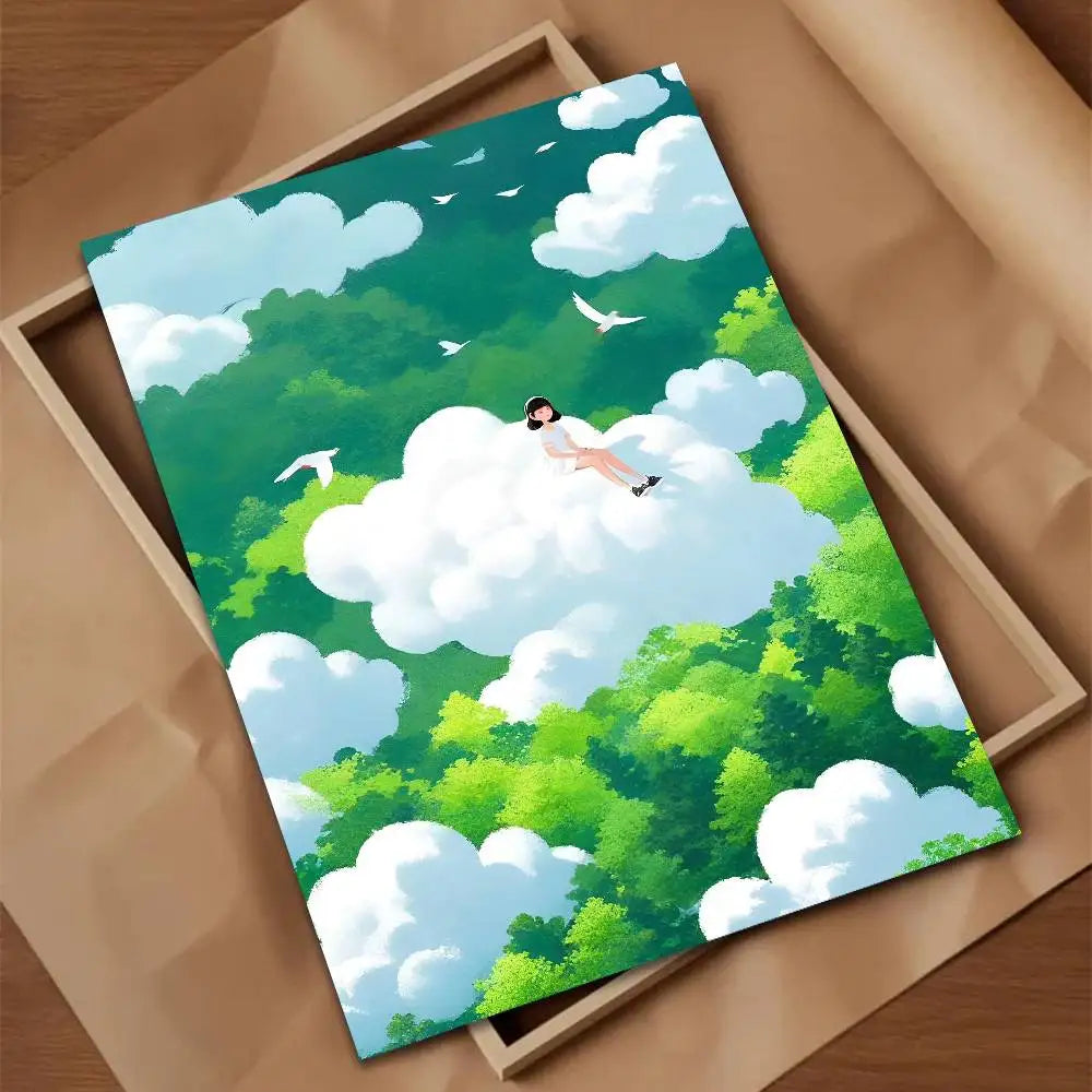 Illustration of a person sitting on a cloud with a green landscape and trees in the background, displayed in a wooden frame.