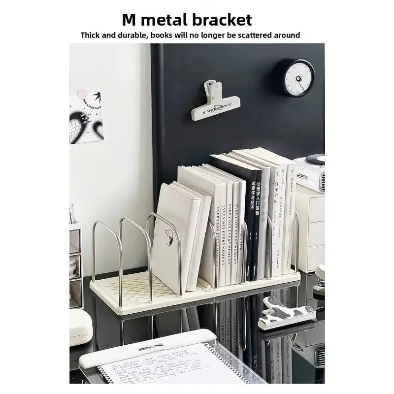 Metal bookshelf bracket holding books on a desk with text describing its durability.
