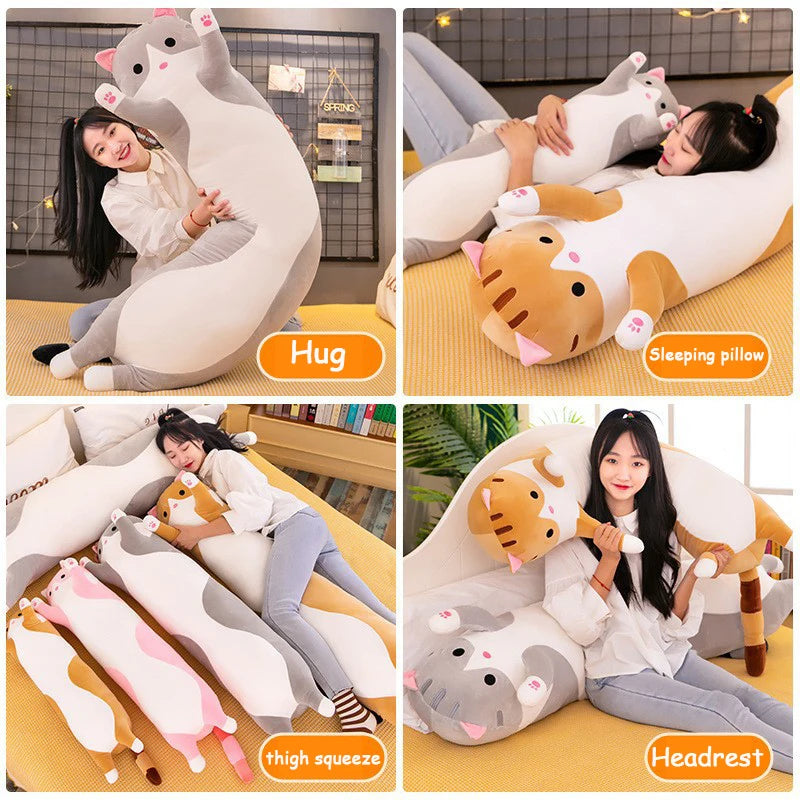 Collage of a person interacting with various animal-shaped pillows on a couch.