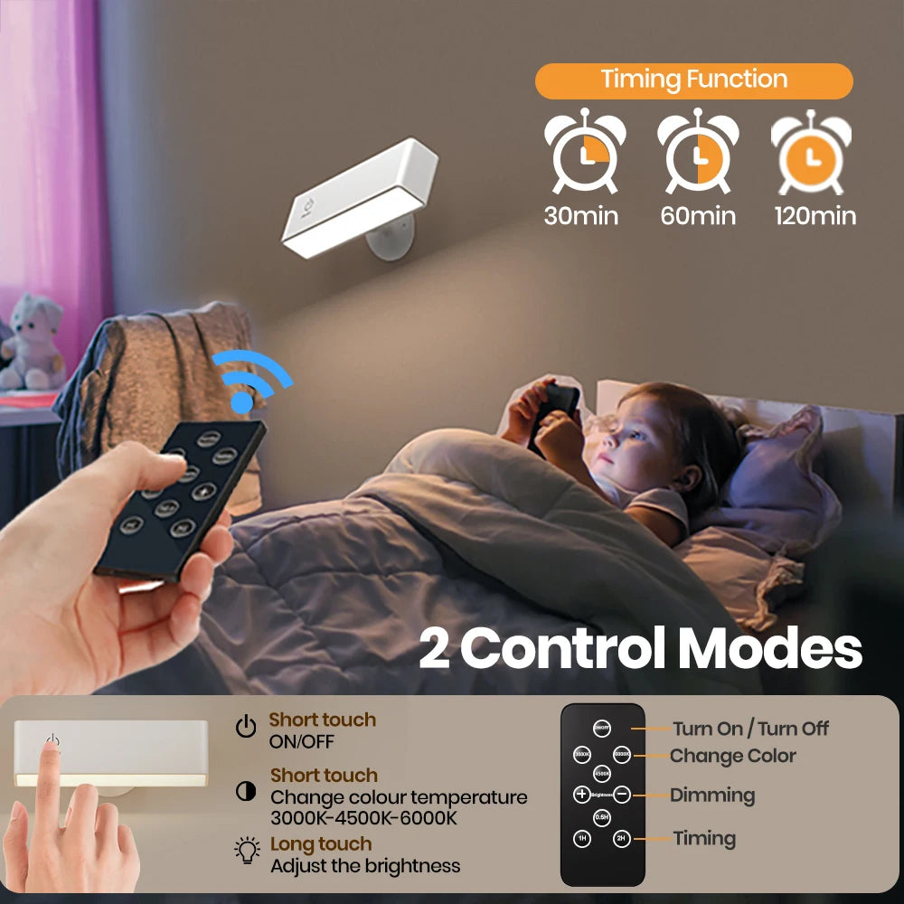 Person using a remote control to adjust a wall-mounted light with timing functions.