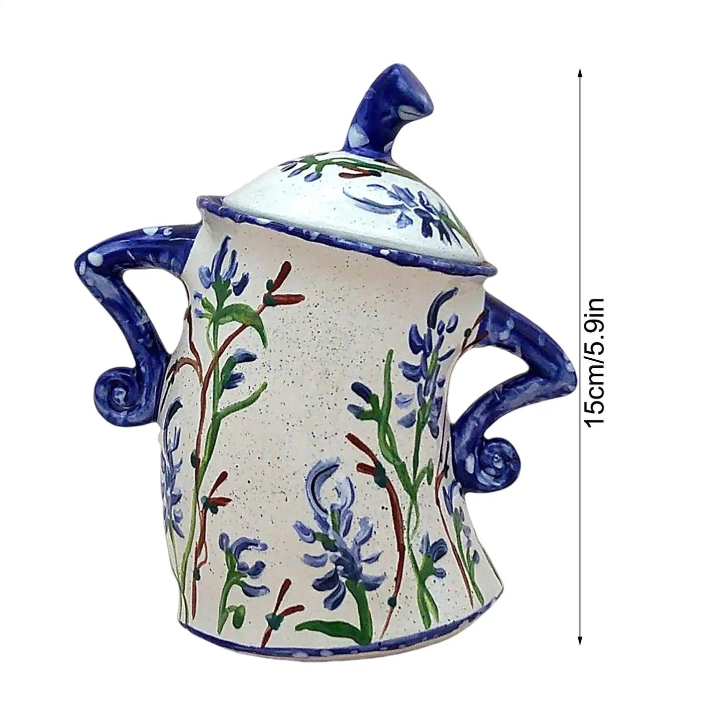 Ceramic storage jar with floral designs and dimensions on a white background