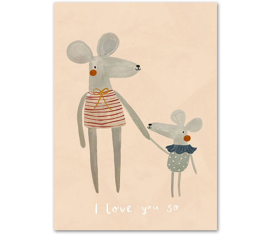 Illustration of two mice holding hands with 'I love you so' text on a beige background