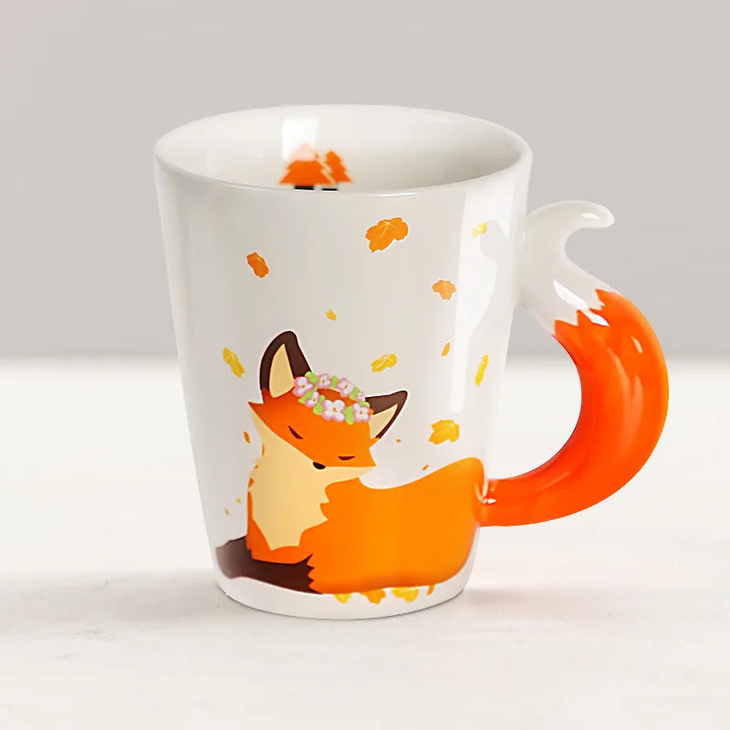 White mug with orange fox design on a white background