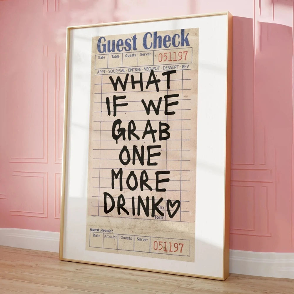 Framed print with a vintage guest check design and romantic message on a pink wall.