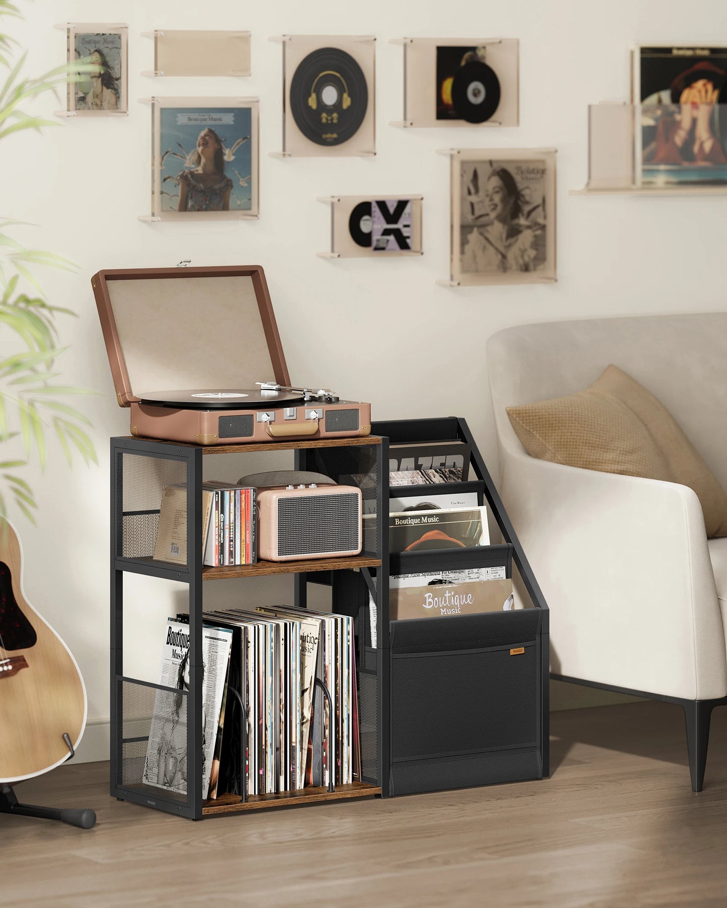 VASAGLE record player stand with vinyl storage shelves and side display rack in rustic wood and black metal finish