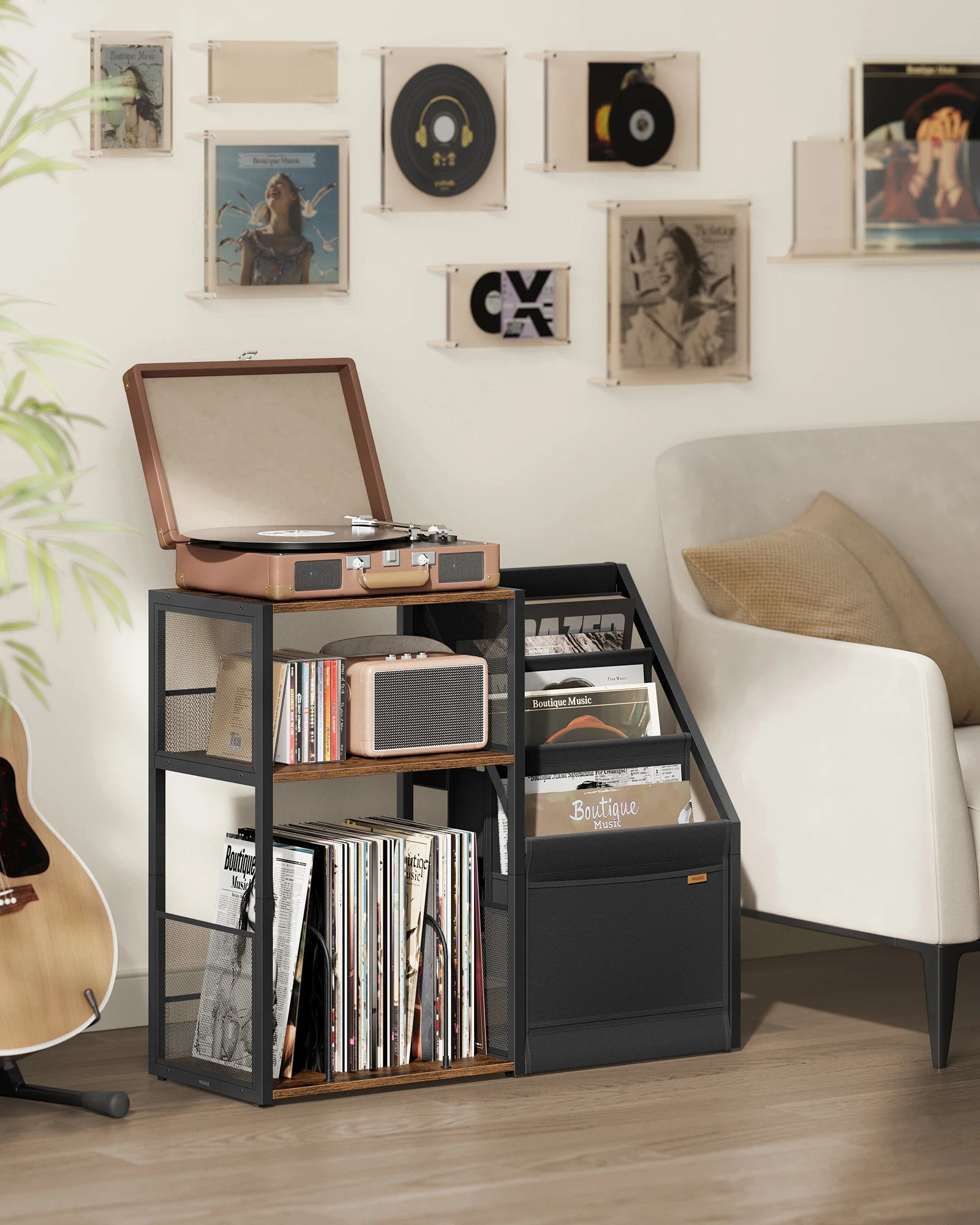 VASAGLE record player stand with vinyl storage shelves and side display rack in rustic wood and black metal finish