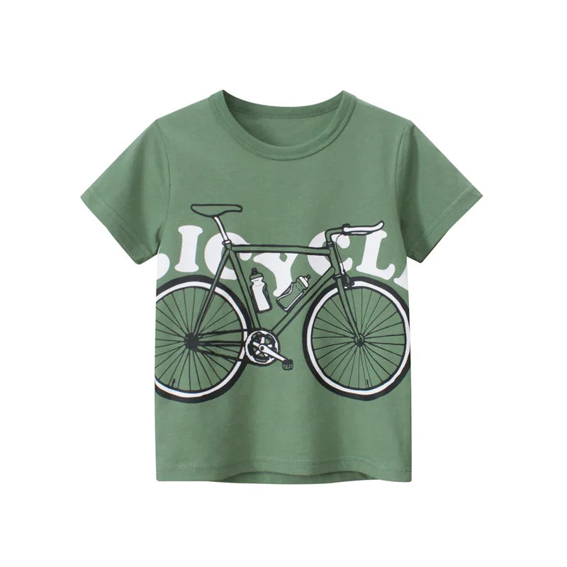 Green t-shirt with a bicycle graphic on a white background