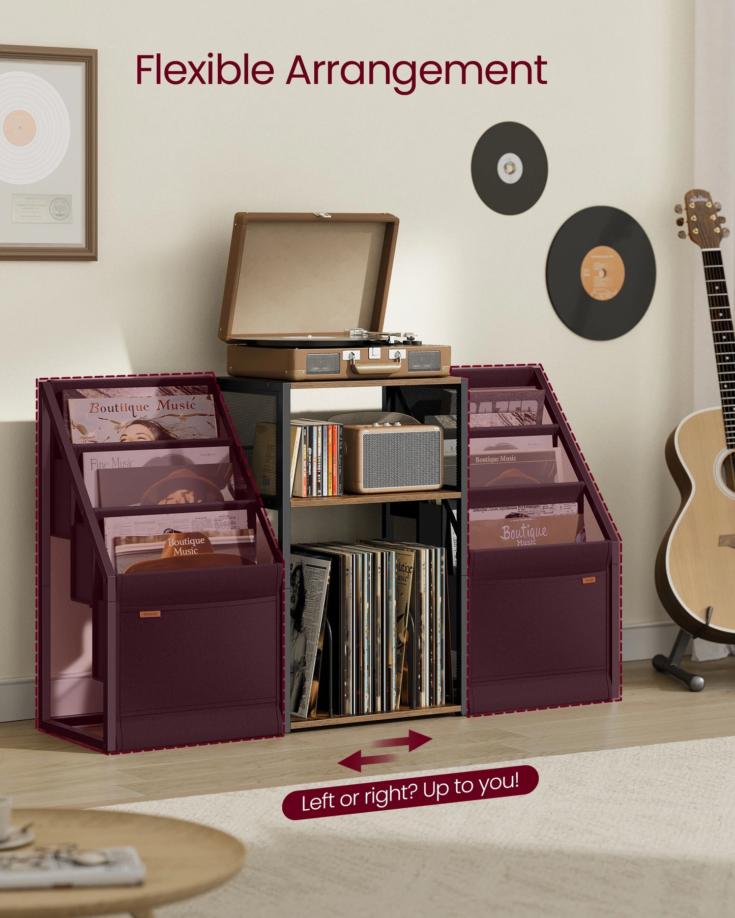 Room with record player, records, and storage bins with flexible arrangement text.