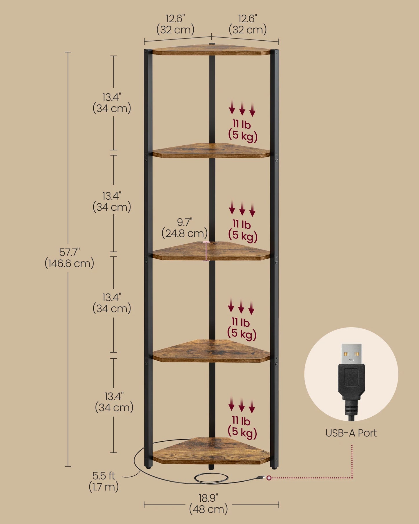 VASAGLE LED Corner Shelf – 5 Tier Industrial Bookcase with Remote Lighting