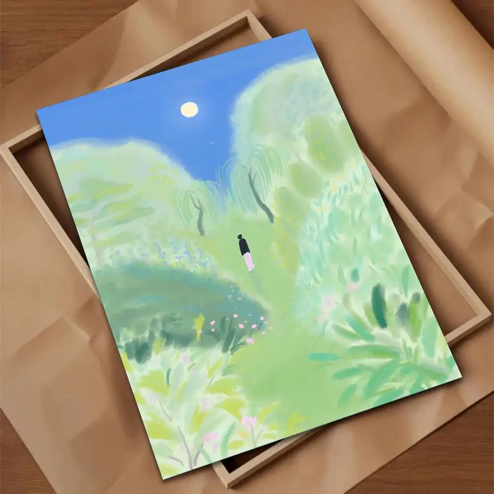 Green Jiangnan self-adhesive landscape art poster in modern Asian style for living room wall decor