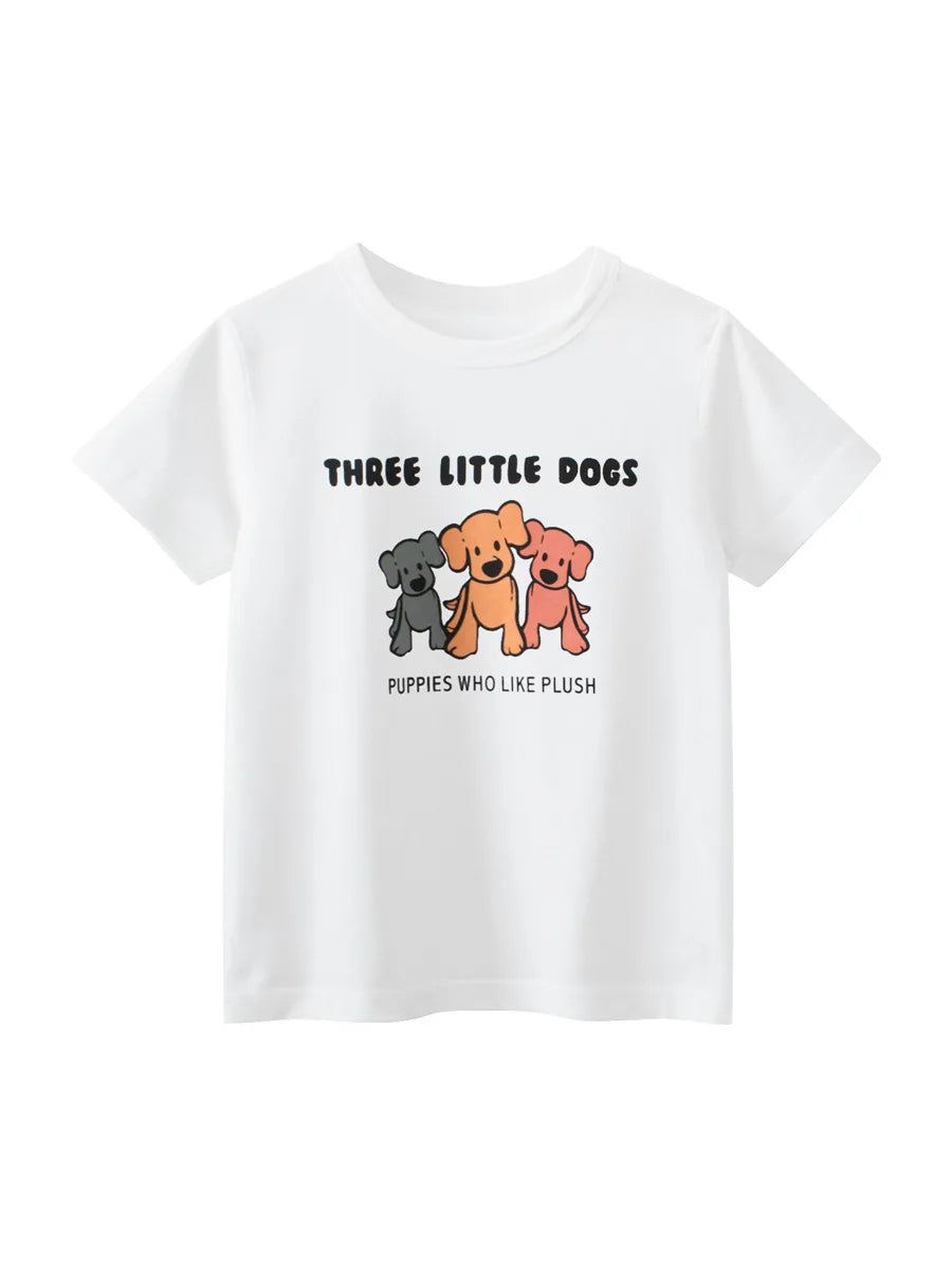 White t-shirt with cartoon dogs and text on a white background
