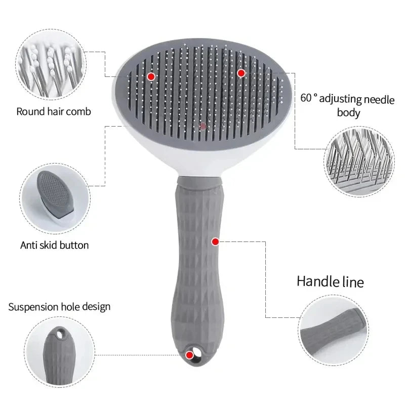 Gray pet grooming brush with features highlighted on a white background