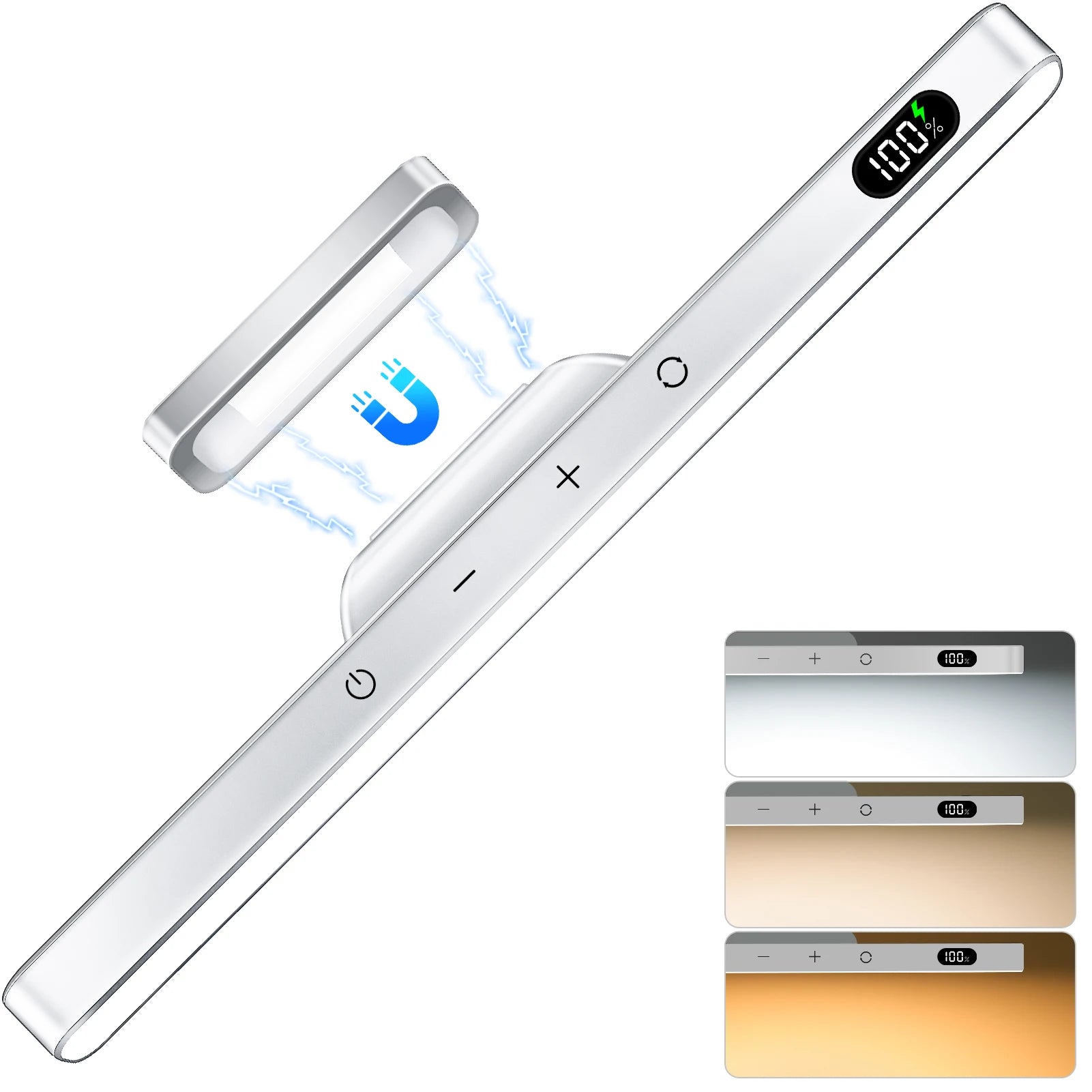 White LED strip light with digital display and color-changing feature on a white background