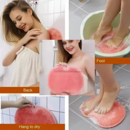 Collage of a pink bath pillow being used on different parts of the body and hanging to dry.
