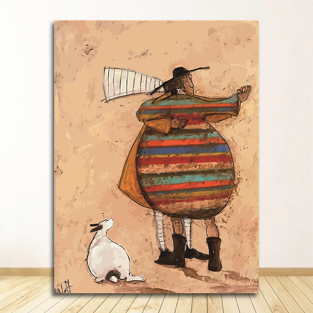 Artistic depiction of a person in a colorful striped outfit with a child on their shoulders, standing next to a rabbit, on a textured beige background.