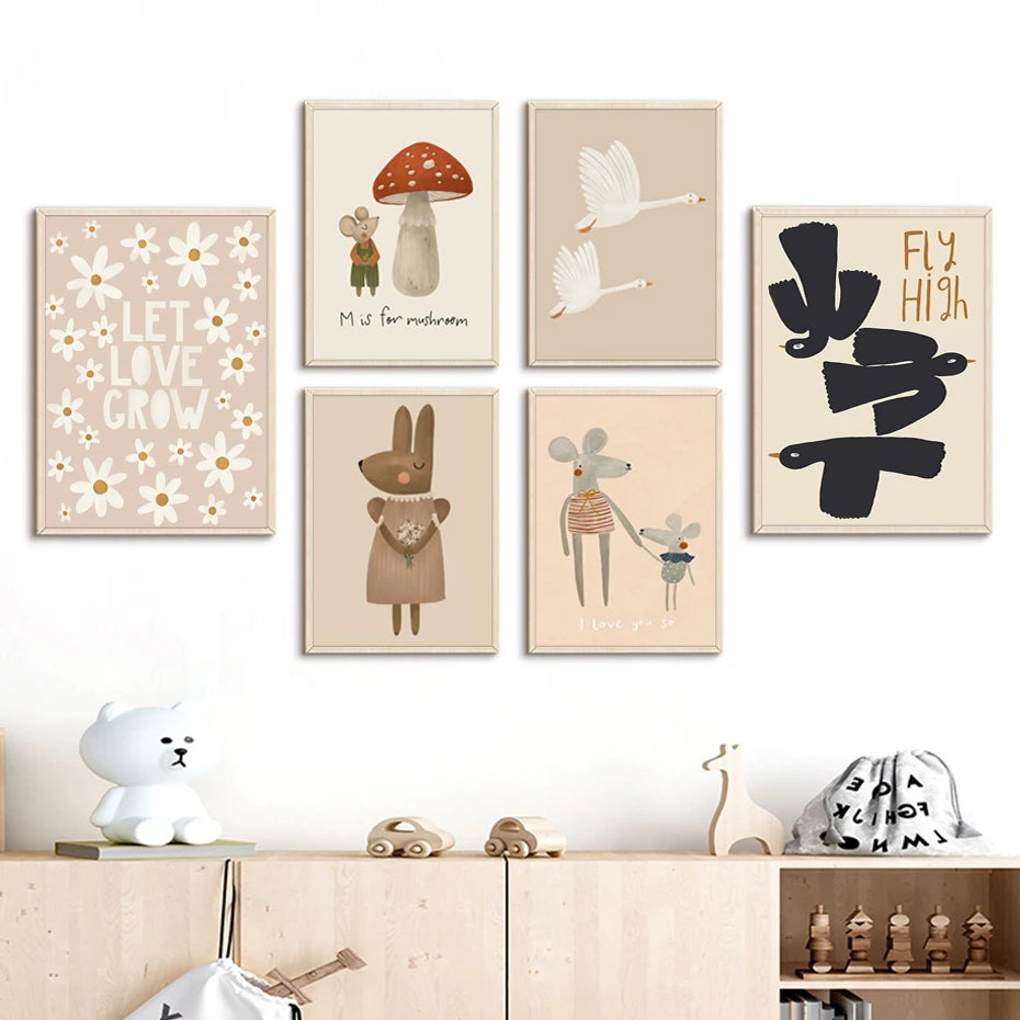 Set of framed prints with animal illustrations and motivational phrases on a wall above a wooden shelf.