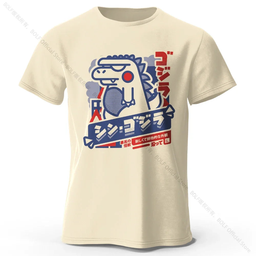 Beige t-shirt with a graphic design featuring a dinosaur-like creature and Japanese text on a white background.