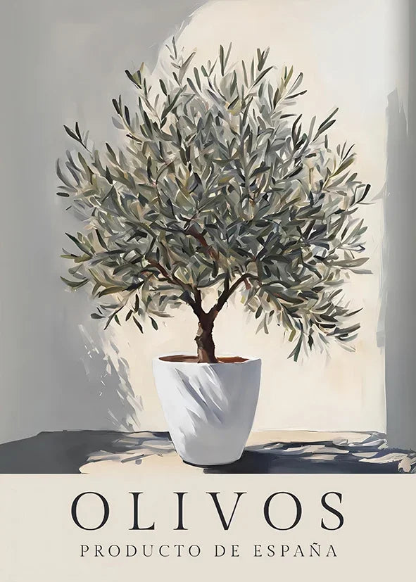 vintage olive vase botanical canvas poster in rustic Mediterranean style