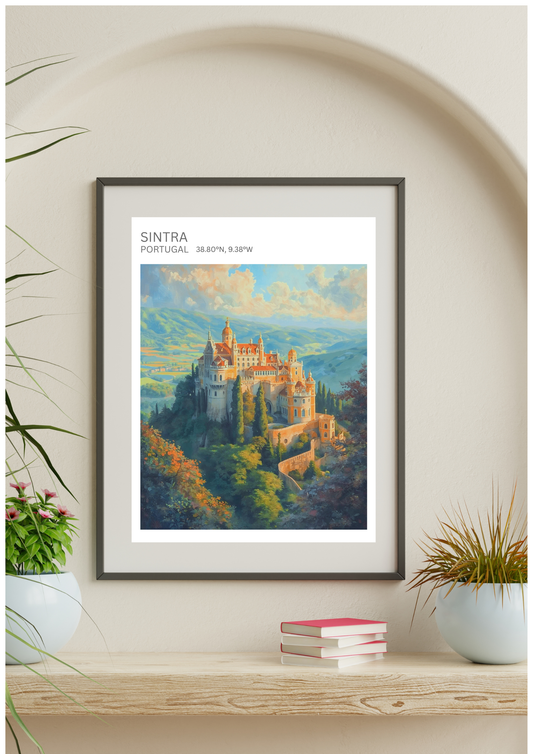 sintra portugal travel poster framed on console table