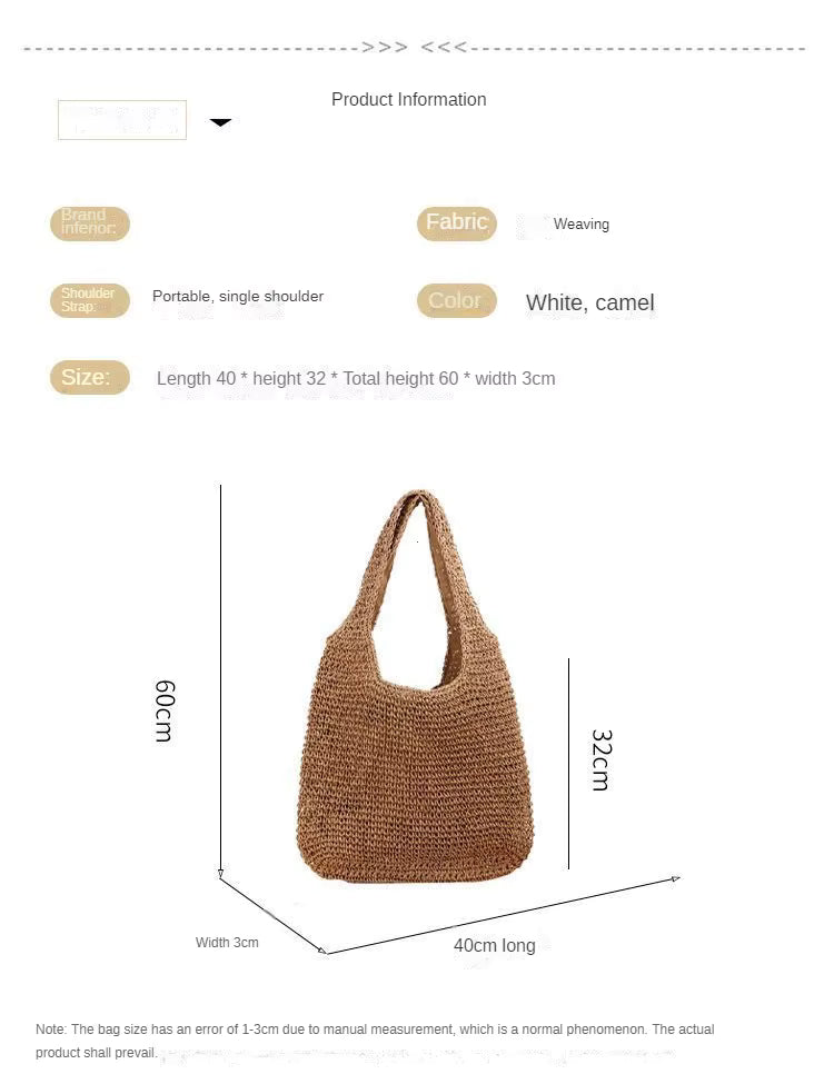 Brown woven handbag with dimensions on a white background
