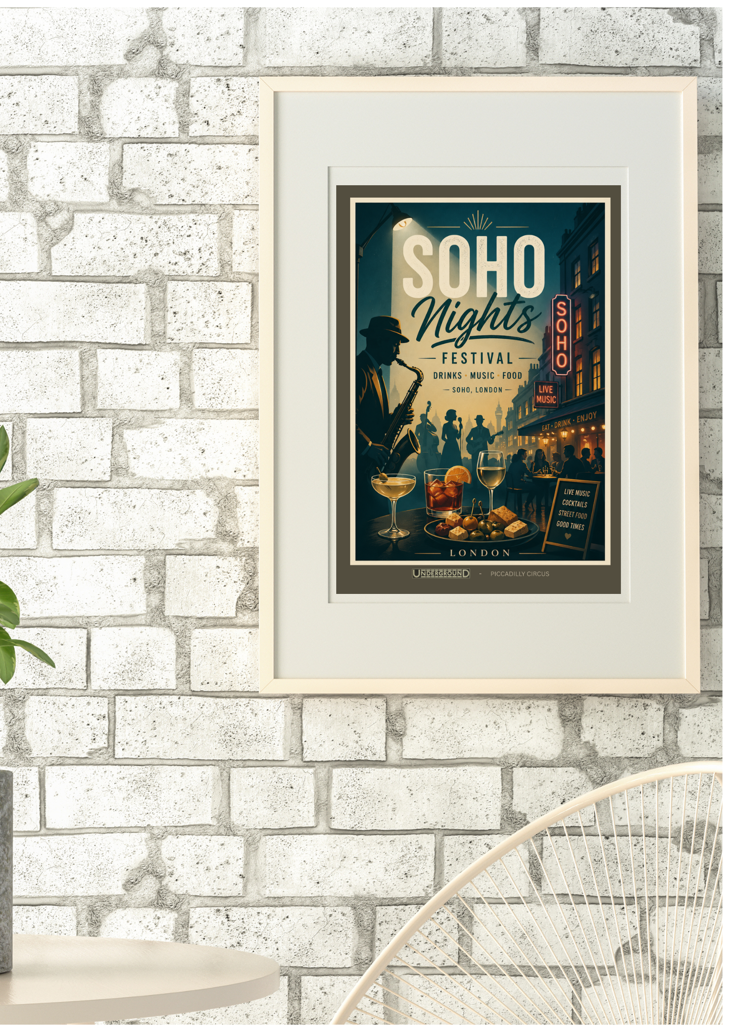 Framed poster of 'Soho Nights' on a brick wall with a chair and plant in the foreground.