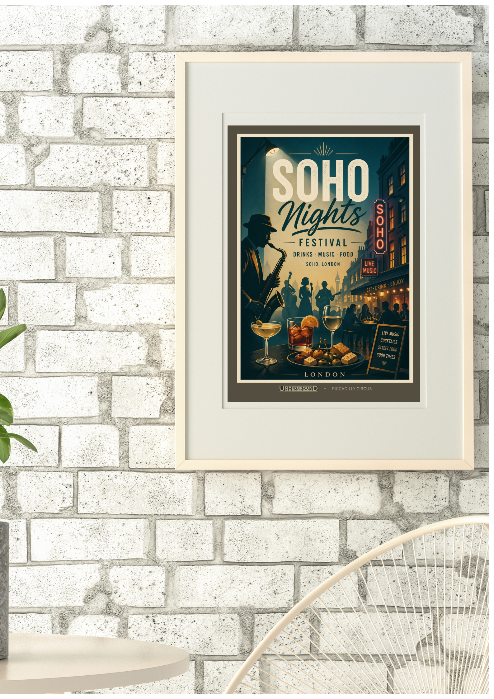Framed poster of 'Soho Nights' on a brick wall with a chair and plant in the foreground.