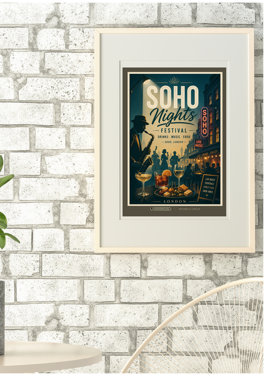 Framed poster of 'Soho Nights' on a brick wall with a chair and plant in the foreground.