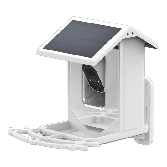 Smart solar feeder camera with motion detection and app control for wildlife monitoring.