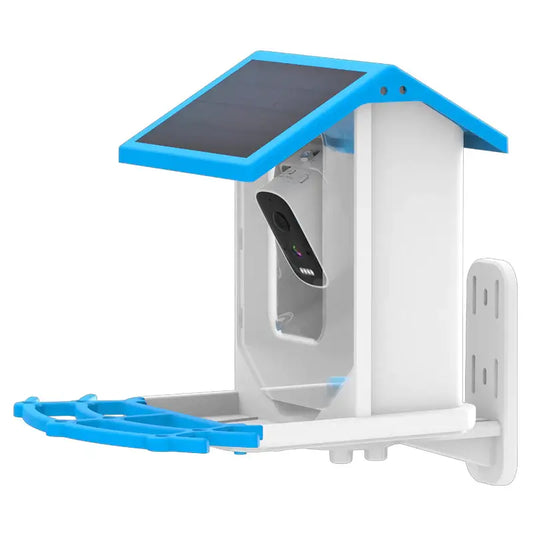 Smart solar feeder camera with motion detection and app control for wildlife monitoring.