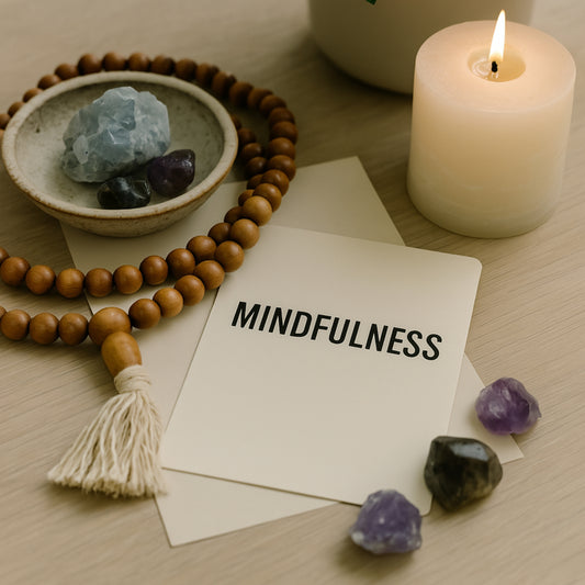 Wooden tabletop styled with a cream â€œMINDFULNESSâ€ card, a strand of wooden mala beads, a small bowl of crystals, scattered amethyst stones, and a lit ivory pillar candle.