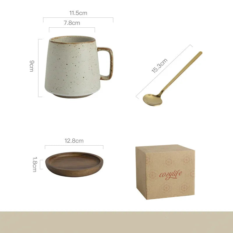 Set of ceramic items including a mug, spoon, and small dish with dimensions displayed, on a white background.
