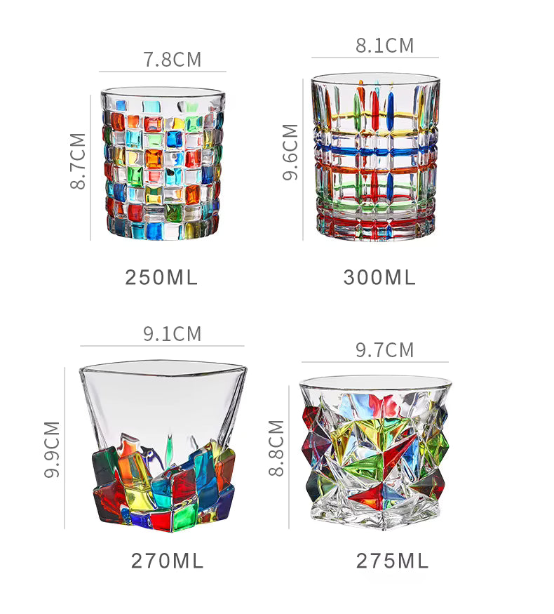 Four clear cut-glass rocks tumblers with multicolored reflective facets, shown with dimensions and 250ML/300ML volume labels on a white background.