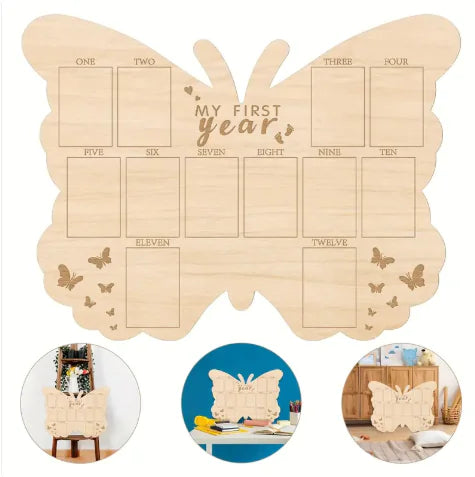Butterfly-shaped wooden milestone board with 'My First Year' text, suitable for baby's first year tracking.