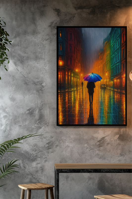 Framed poster of a man with umbrella walking in vibrant rainy street, hung on a grey concrete wall above a wooden bench and indoor plants