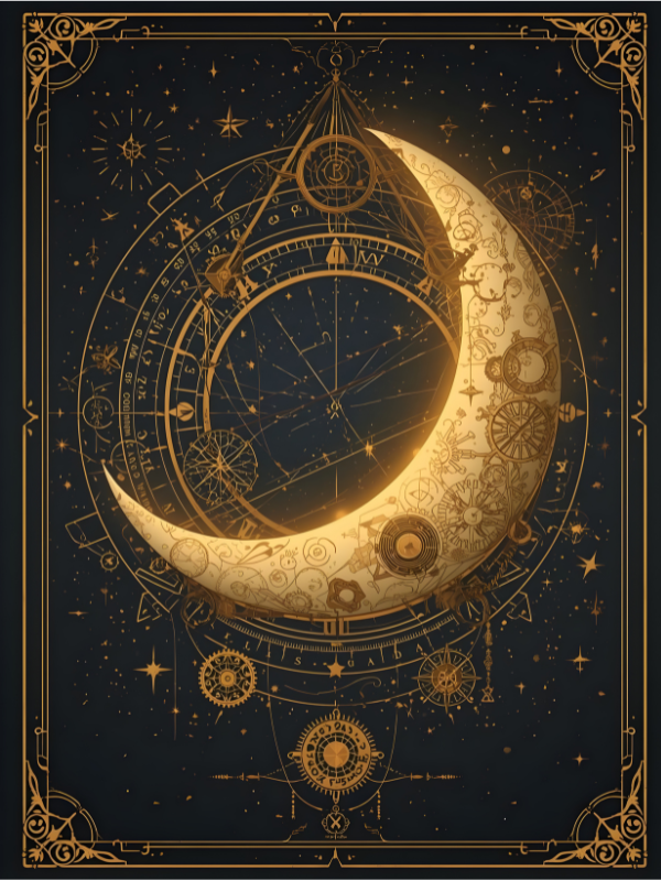 Steampunk crescent moon wall art featuring antique gold clockwork gears and celestial astronomy design on a dark night sky background