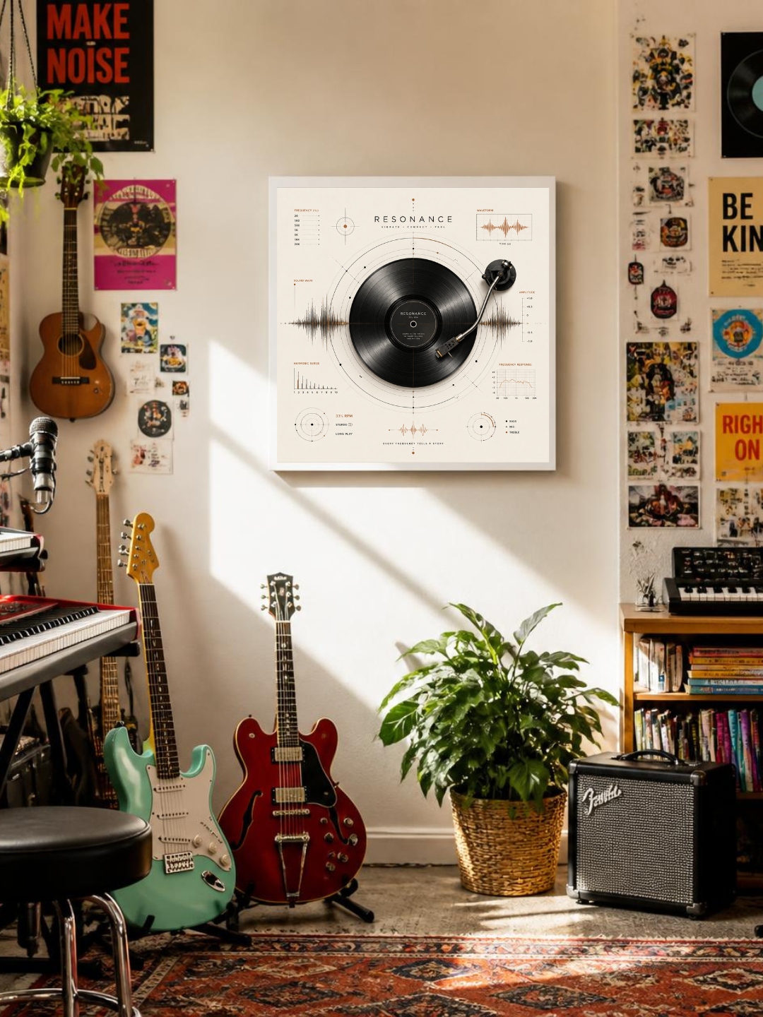 Resonance vinyl record wall art displayed in a stylish music room with guitars, records and contemporary décor.