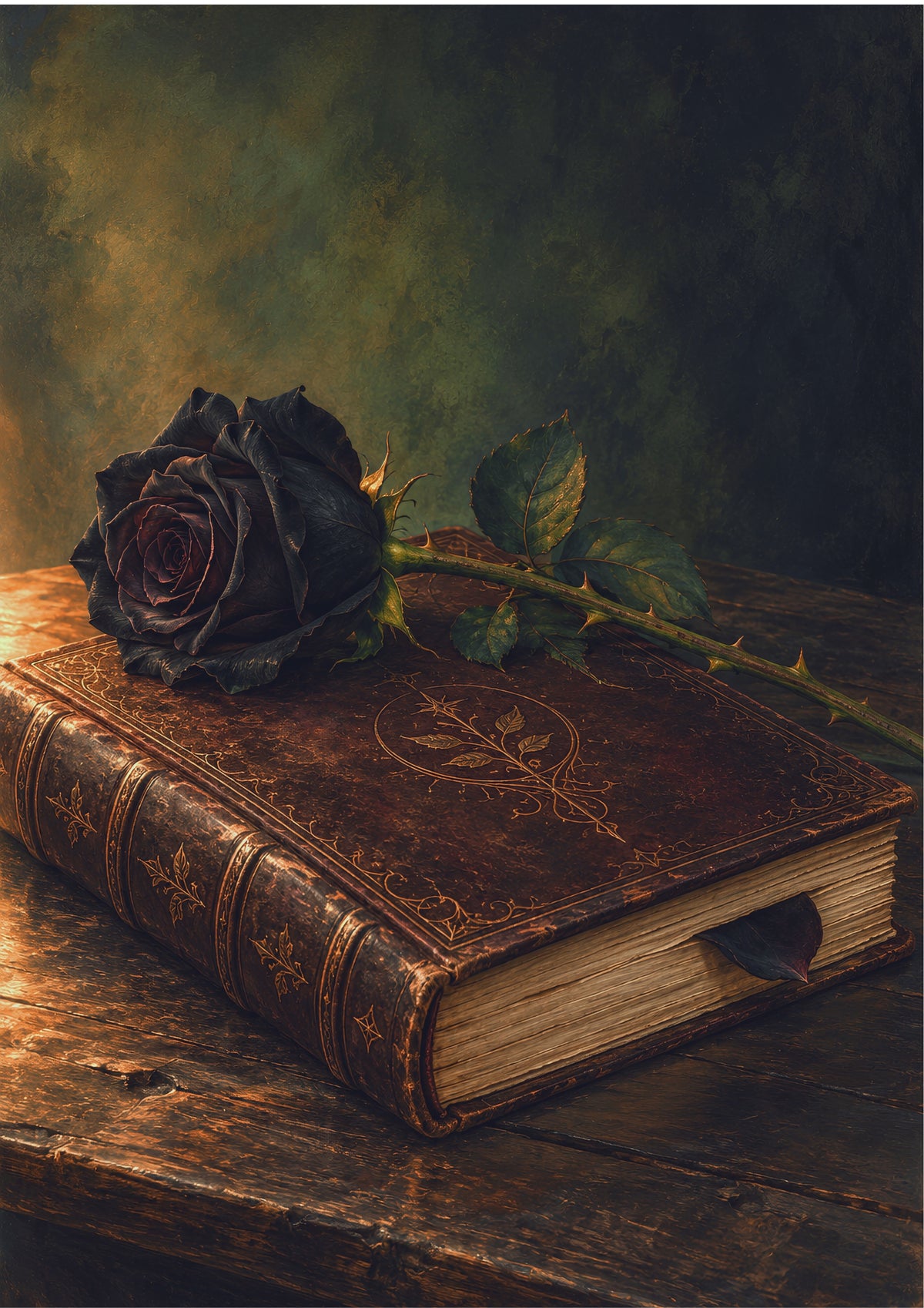 A dark rose with a thorny stem rests across an ornate oxblood leather spellbook. A fallen petal lies between the aged pages, illuminated by warm side light.