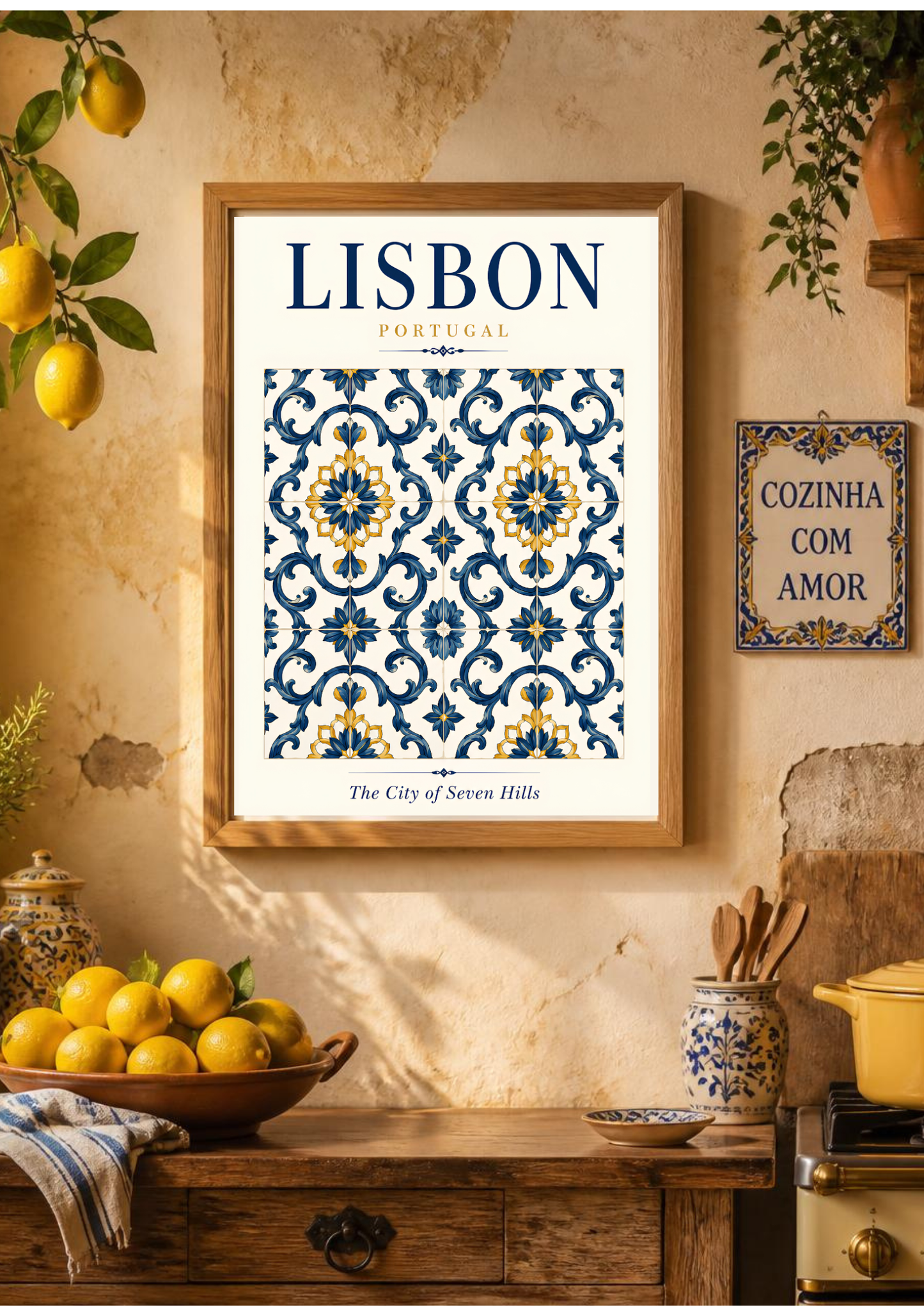 A framed Lisbon Portugal travel poster with a blue and yellow tile pattern hangs on a rustic beige wall above a wooden table with lemons and kitchen items.
