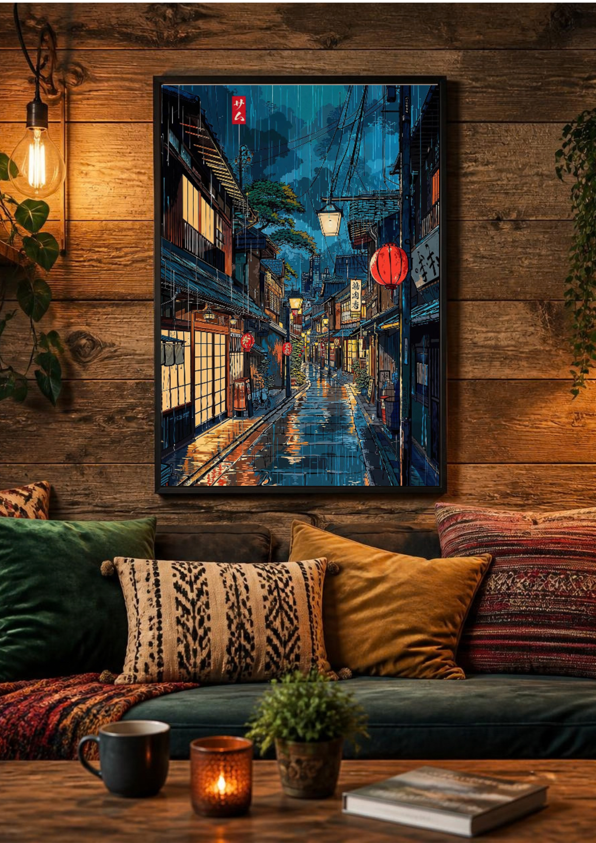 A framed vertical canvas print of a Japanese street at night hangs on a rustic wooden wall above a cozy sofa with patterned cushions. The artwork depicts a wet street with glowing lanterns and warm reflections, and the room is warmly lit by a hanging bulb and candles.