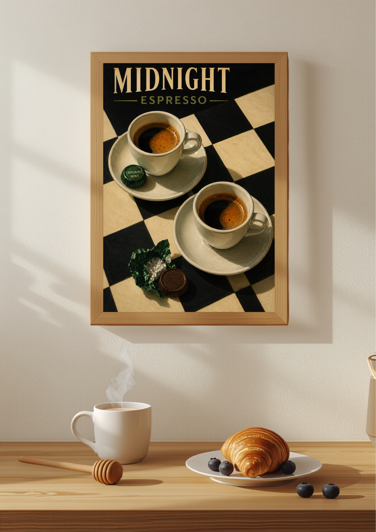 A framed art print featuring a vintage-style espresso advertisement with the text 'MIDNIGHT ESPRESSO' hangs on a beige wall above a wooden table with a coffee cup, croissant, and blueberries.