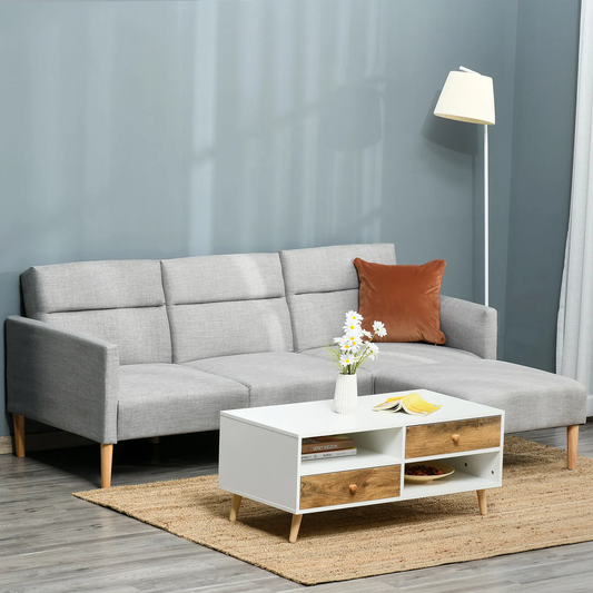 Light Grey Upholstered Sofa Bed – Reversible Sectional Sleeper Sofa with Storage Footstool – Modern Linen 3-Seater
