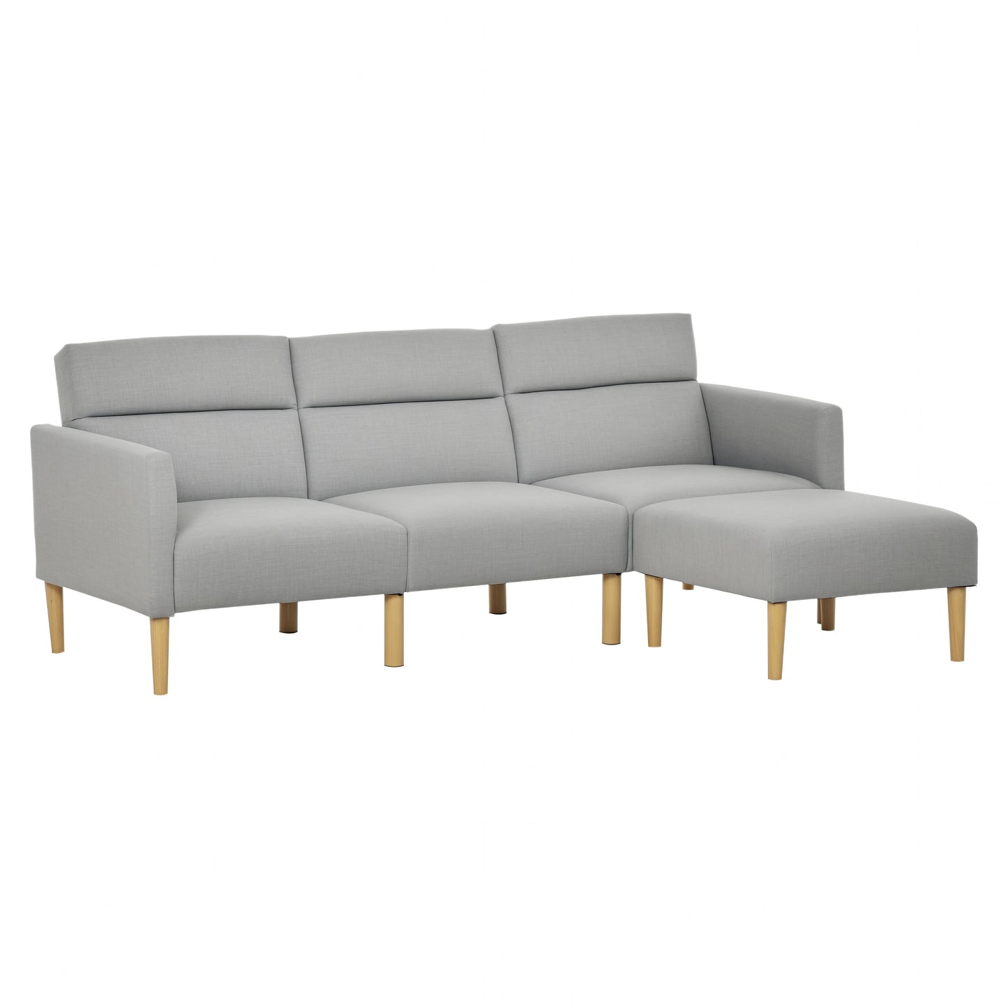 Light Grey Upholstered Sofa Bed – Reversible Sectional Sleeper Sofa with Storage Footstool – Modern Linen 3-Seater
