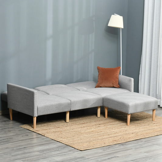 Light Grey Upholstered Sofa Bed – Reversible Sectional Sleeper Sofa with Storage Footstool – Modern Linen 3-Seater