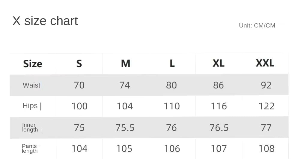 X size chart for clothing measurements in centimeters