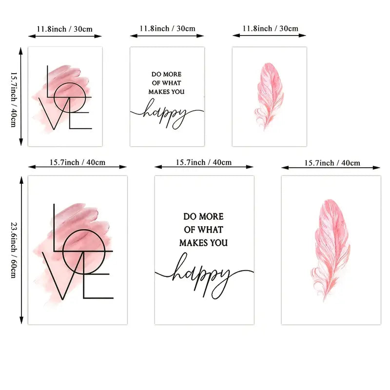 Set of prints with 'LOVE' and feather designs, along with motivational quotes, on a white background.