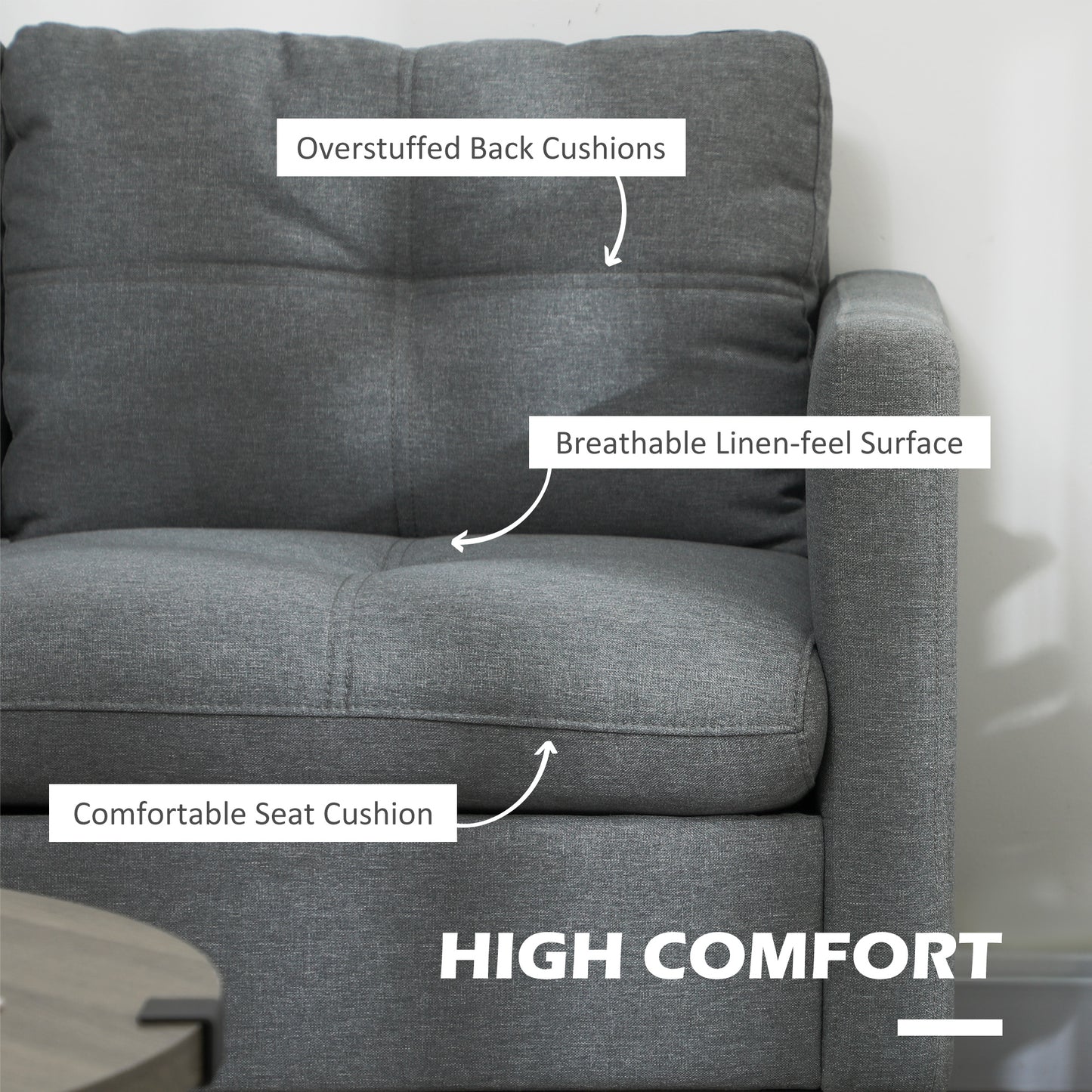 Gray sofa with labeled comfort features on a neutral background