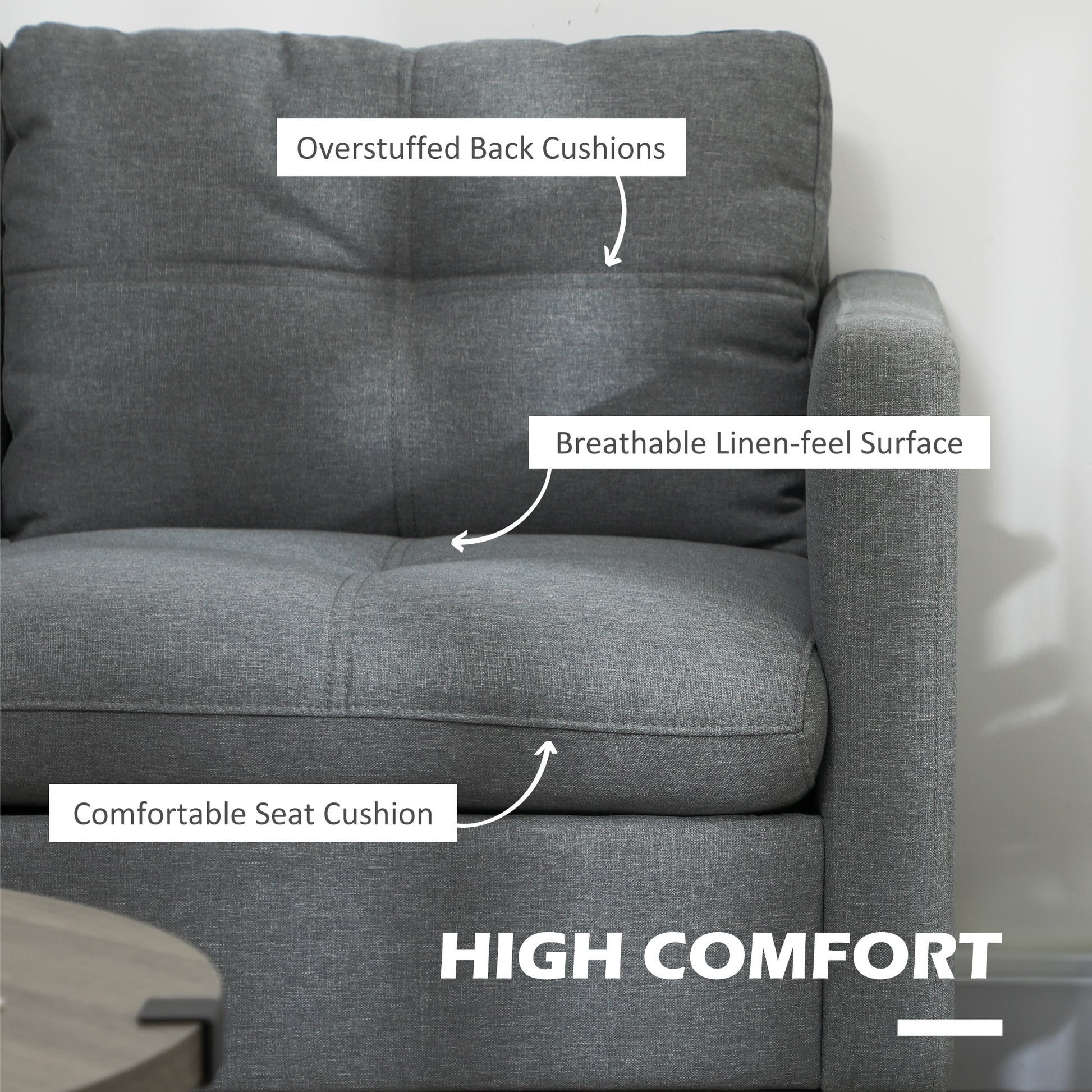 Gray sofa with labeled comfort features on a neutral background