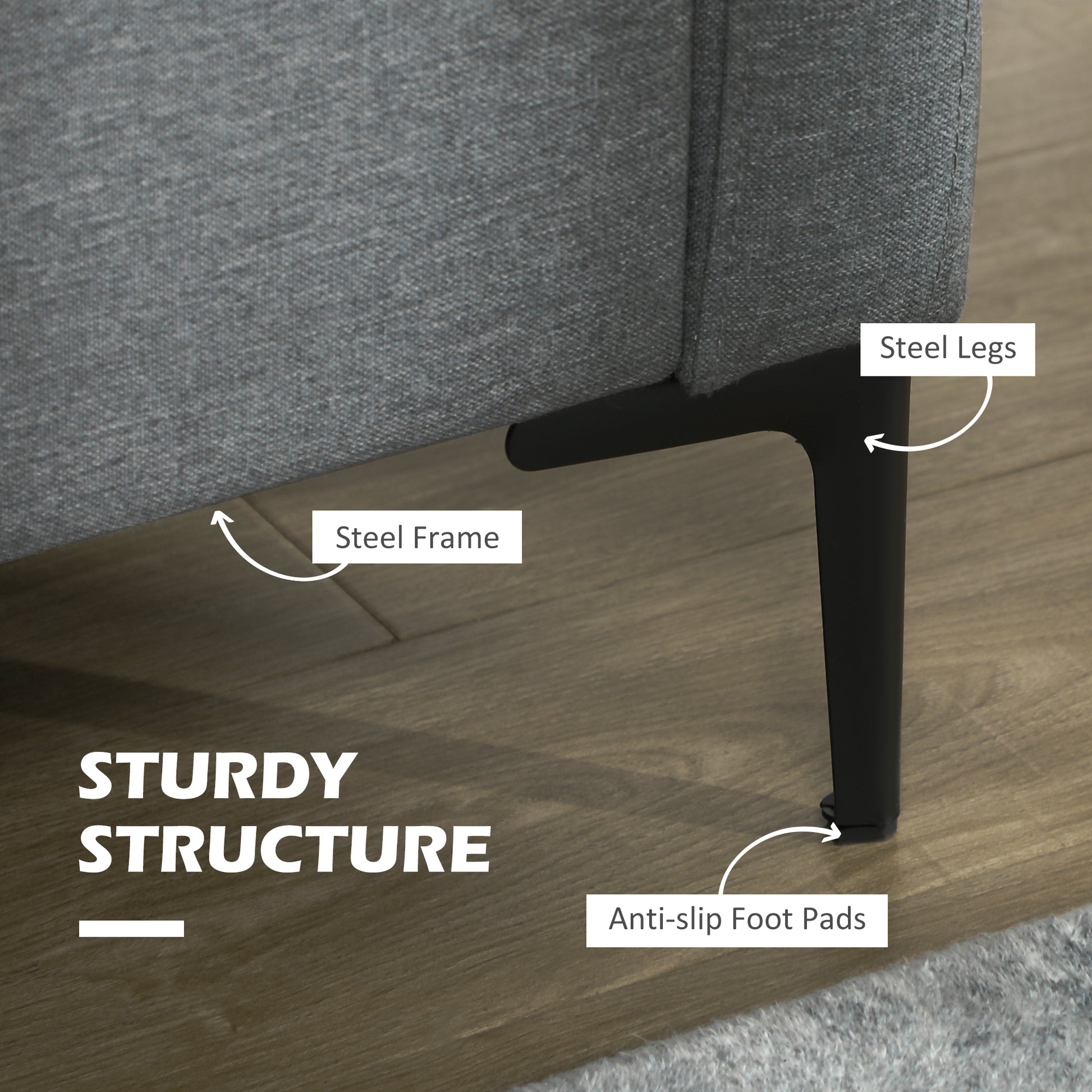 Gray upholstered chair with labeled steel frame, legs, and anti-slip foot pads on a wooden floor.
