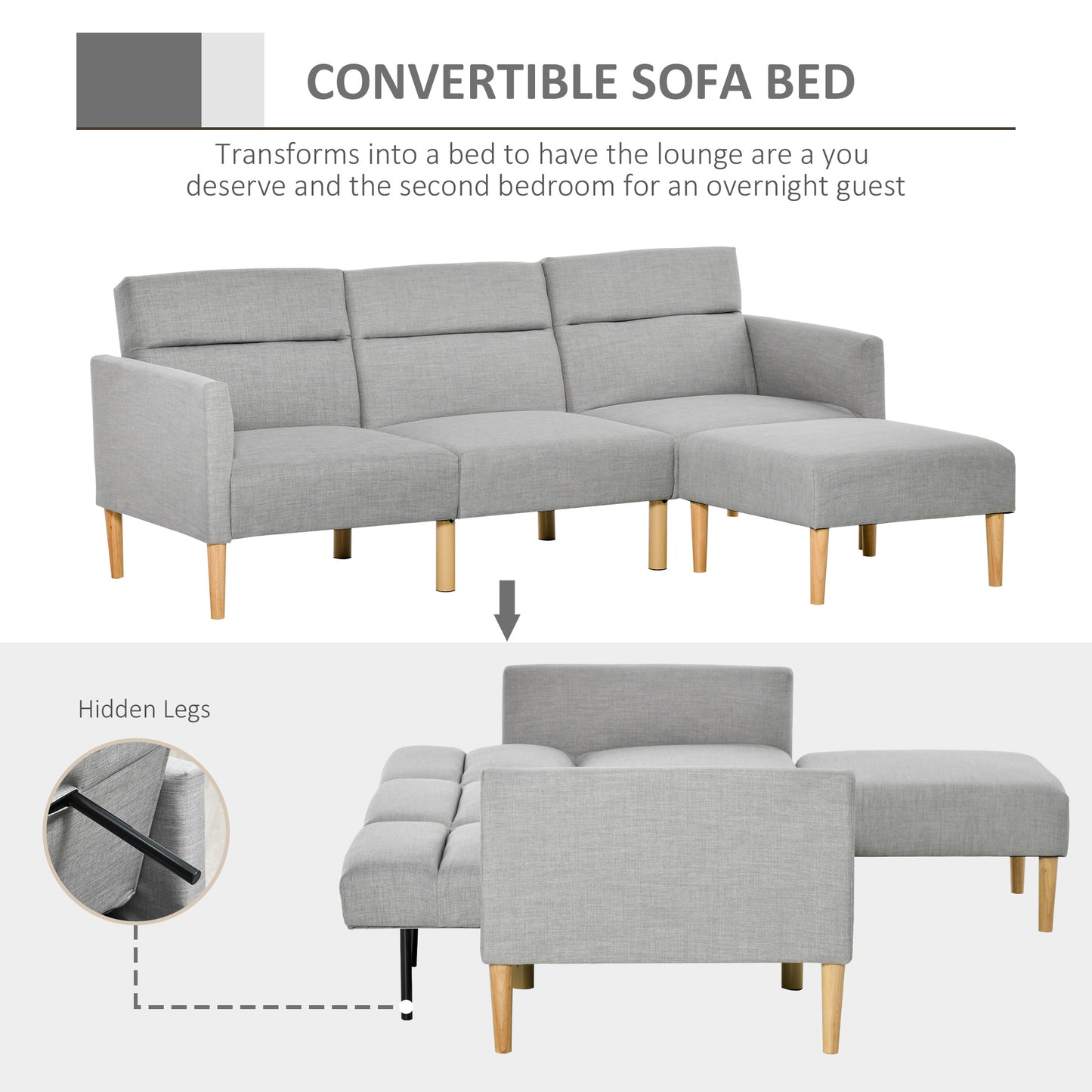 Light Grey Upholstered Sofa Bed – Reversible Sectional Sleeper Sofa with Storage Footstool – Modern Linen 3-Seater