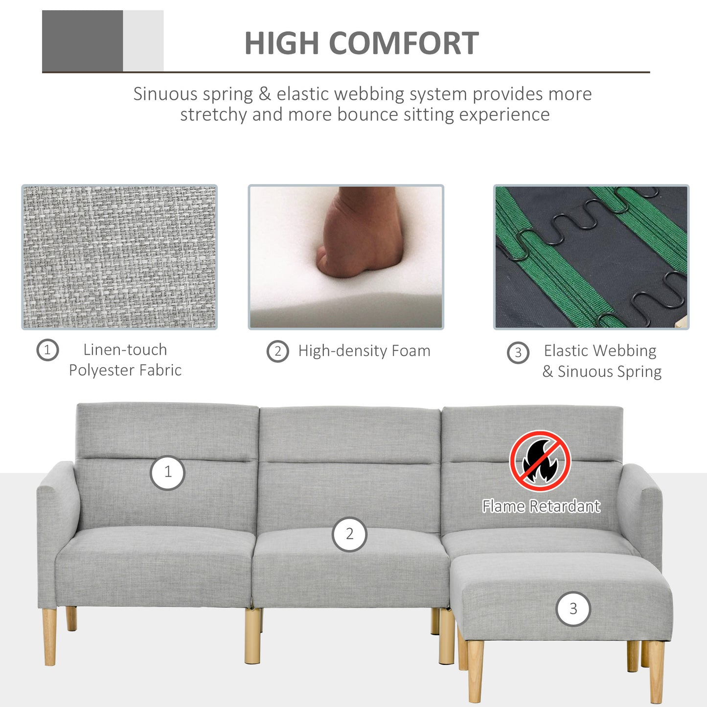 Light Grey Upholstered Sofa Bed – Reversible Sectional Sleeper Sofa with Storage Footstool – Modern Linen 3-Seater